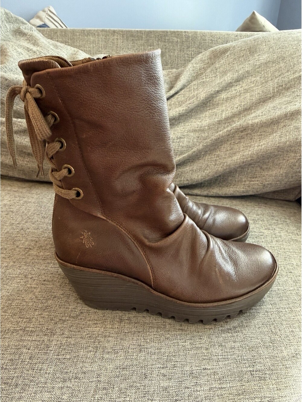 FLY London Womens Size 42 Brown Leather Lace Up Wedge Boots Side Zip